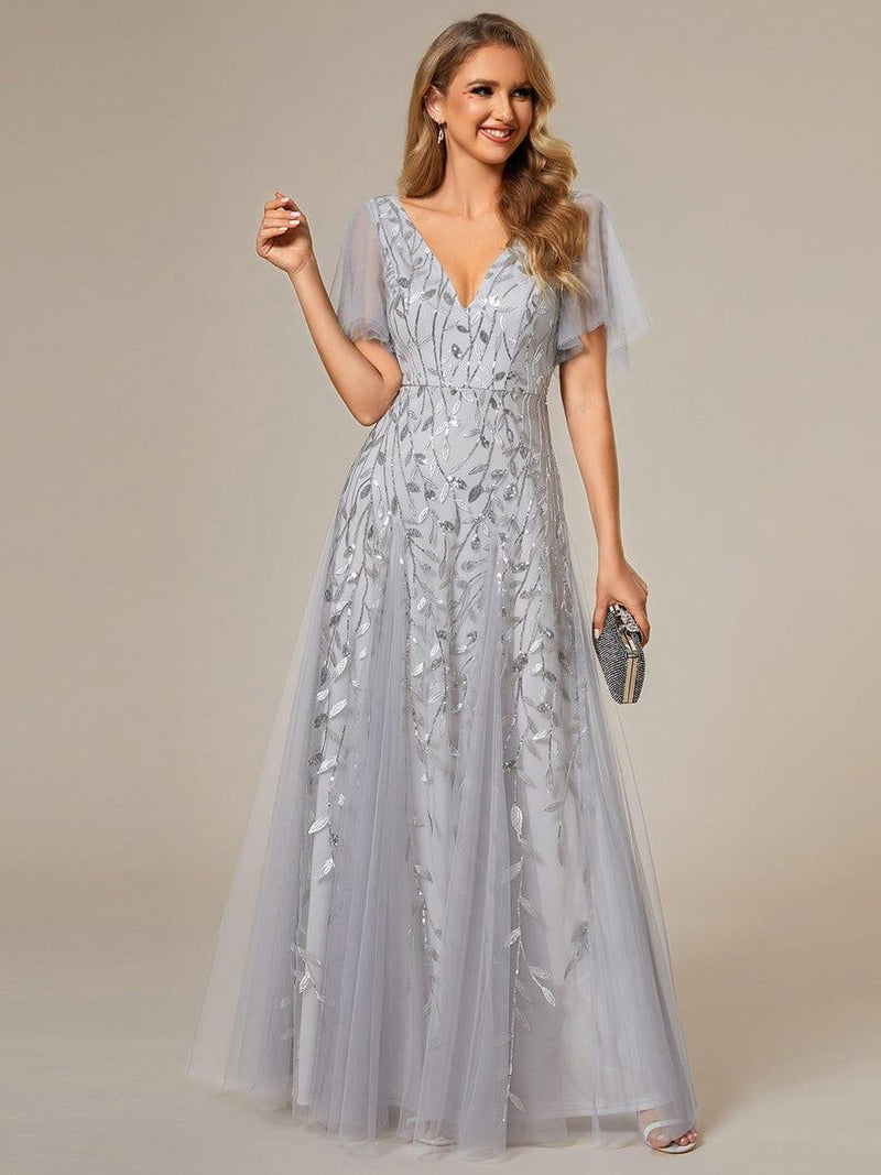 ever ASTRAL|Shimmery Ruffle Sleeves Maxi Sequin Evening Dress
