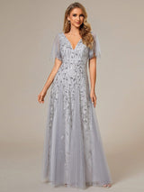 ever ASTRAL|Shimmery Ruffle Sleeves Maxi Sequin Evening Dress