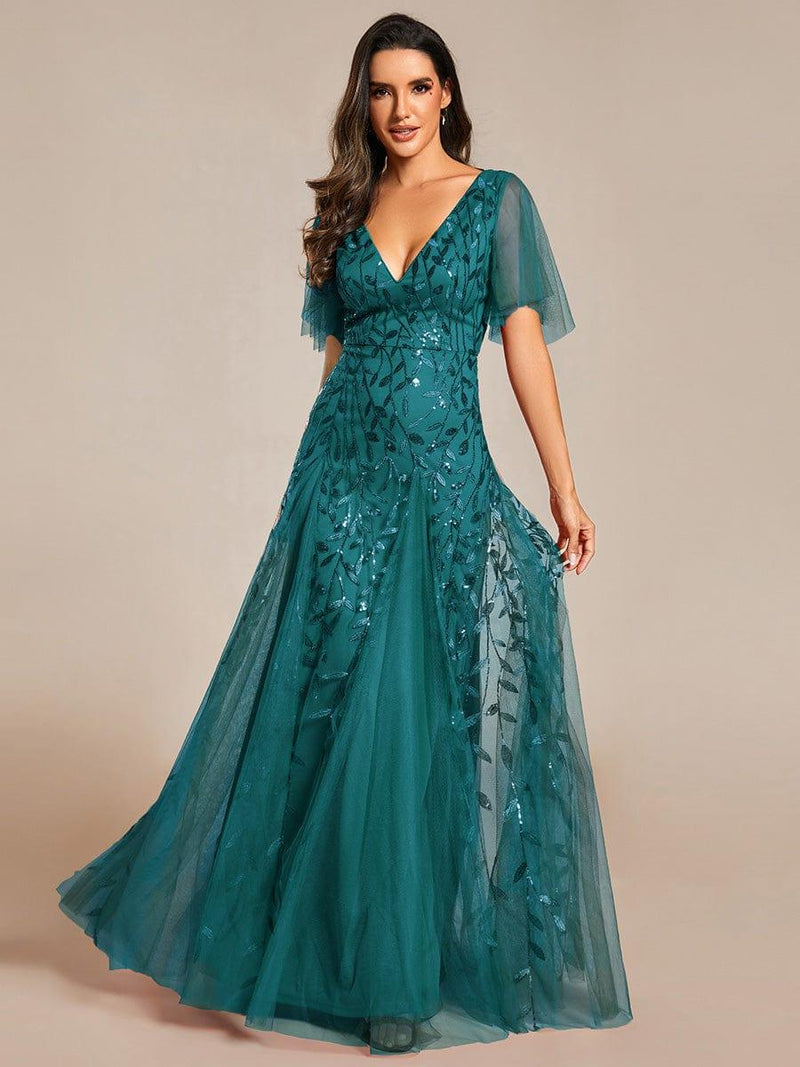ever ASTRAL|Shimmery Ruffle Sleeves Maxi Sequin Evening Dress