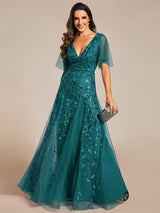 ever ASTRAL|Shimmery Ruffle Sleeves Maxi Sequin Evening Dress