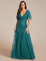 ever ASTRAL|Shimmery Ruffle Sleeves Maxi Sequin Evening Dress