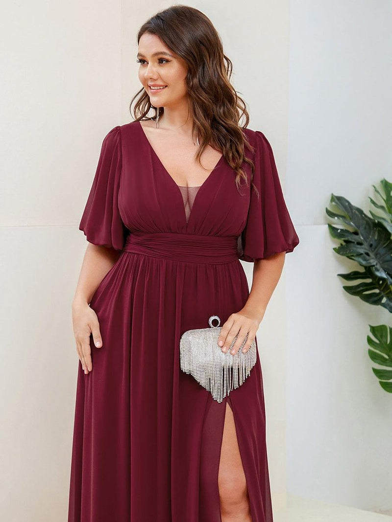 ever MADISON|Chiffon Illusion V-Neck Flutter Sleeve Front Slit Evening Dress