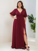 ever MADISON|Chiffon Illusion V-Neck Flutter Sleeve Front Slit Evening Dress