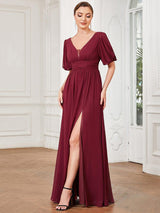 ever MADISON|Chiffon Illusion V-Neck Flutter Sleeve Front Slit Evening Dress