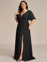 ever MADISON|Chiffon Illusion V-Neck Flutter Sleeve Front Slit Evening Dress