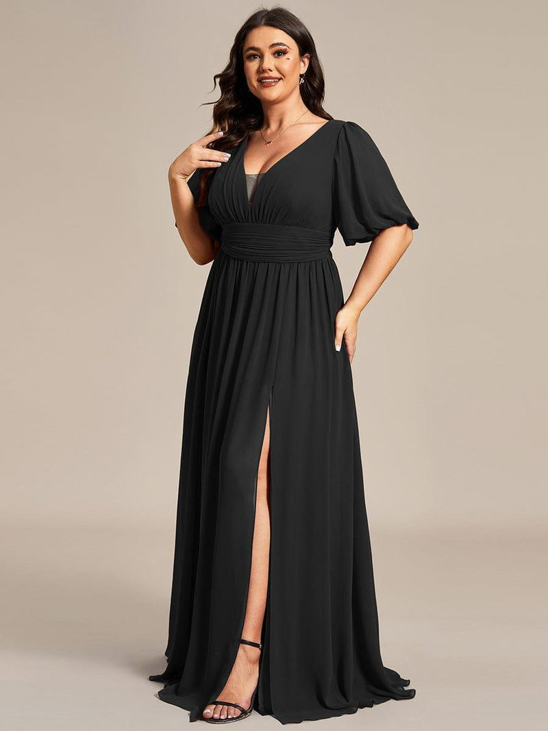 ever MADISON|Chiffon Illusion V-Neck Flutter Sleeve Front Slit Evening Dress