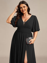 ever MADISON|Chiffon Illusion V-Neck Flutter Sleeve Front Slit Evening Dress