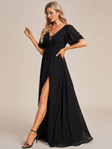 ever MADISON|Chiffon Illusion V-Neck Flutter Sleeve Front Slit Evening Dress