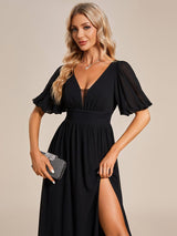 ever MADISON|Chiffon Illusion V-Neck Flutter Sleeve Front Slit Evening Dress