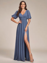 ever MADISON|Chiffon Illusion V-Neck Flutter Sleeve Front Slit Evening Dress