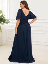ever MADISON|Chiffon Illusion V-Neck Flutter Sleeve Front Slit Evening Dress