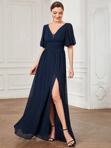 ever MADISON|Chiffon Illusion V-Neck Flutter Sleeve Front Slit Evening Dress