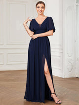 ever MADISON|Chiffon Illusion V-Neck Flutter Sleeve Front Slit Evening Dress