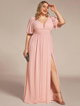 ever MADISON|Chiffon Illusion V-Neck Flutter Sleeve Front Slit Evening Dress