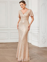 ever ANA|Sequin V-Neck Short Sleeve Empire Waist Evening Dress