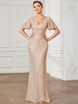 ever ANA|Sequin V-Neck Short Sleeve Empire Waist Evening Dress