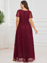 ever ELISE|Pleated V-Neck Short Sleeve Ruffled Lace Wedding Guest Dress