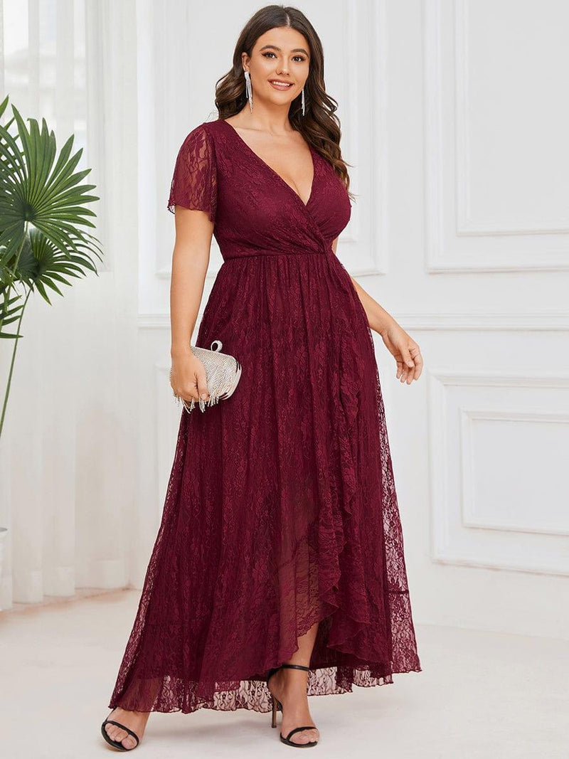 ever ELISE|Pleated V-Neck Short Sleeve Ruffled Lace Wedding Guest Dress