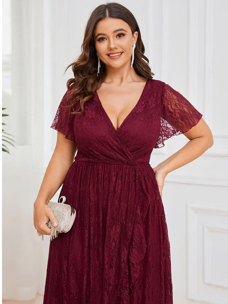 ever ELISE|Pleated V-Neck Short Sleeve Ruffled Lace Wedding Guest Dress