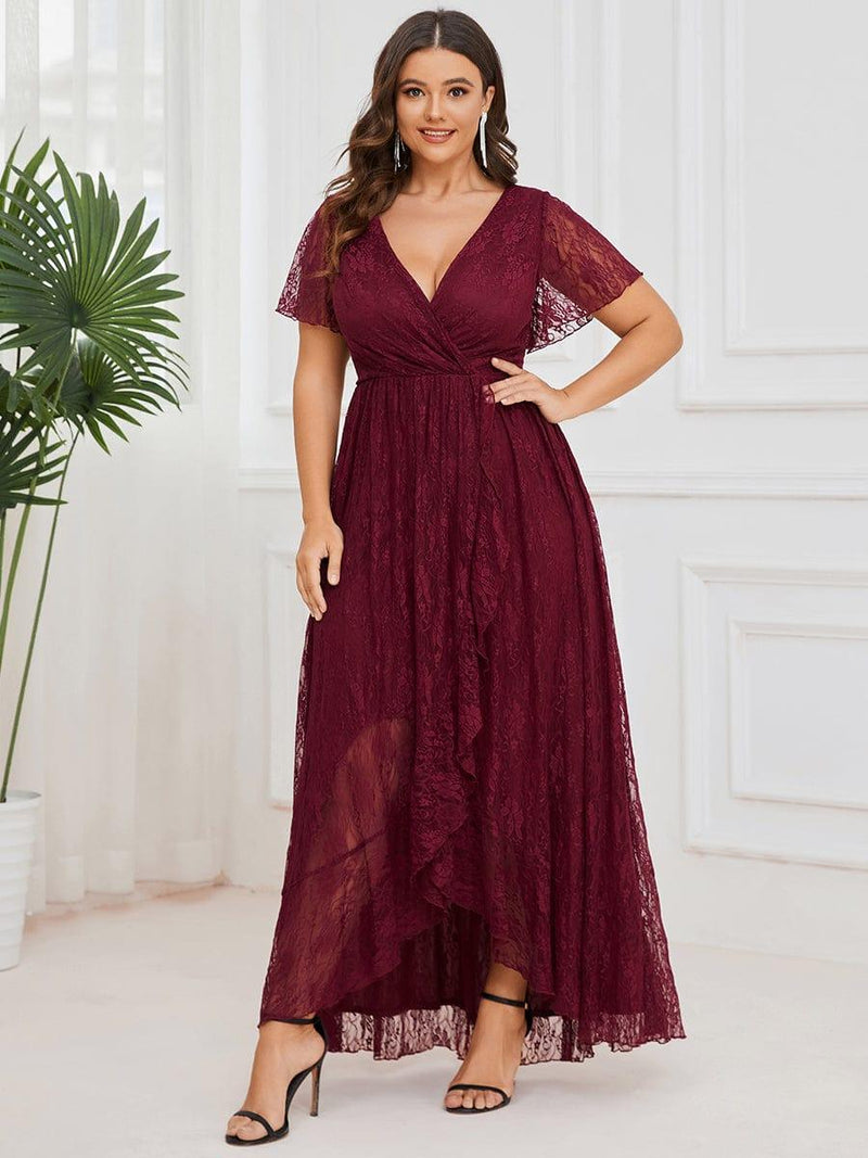 ever ELISE|Pleated V-Neck Lace Formal Evening Dress