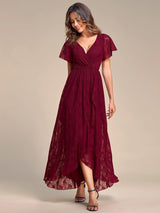 ever ELISE|Pleated V-Neck Short Sleeve Ruffled Lace Wedding Guest Dress