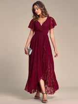 ever ELISE|Pleated V-Neck Short Sleeve Ruffled Lace Wedding Guest Dress