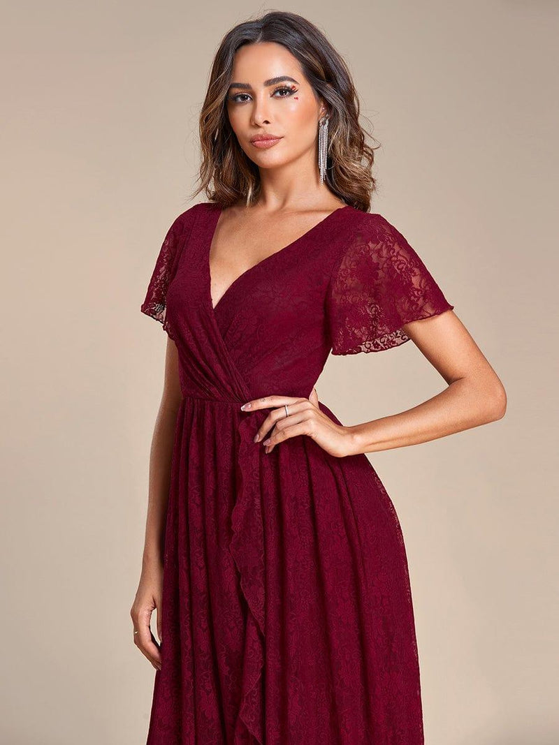 ever ELISE|Pleated V-Neck Short Sleeve Ruffled Lace Wedding Guest Dress