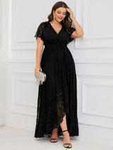 ever ELISE|Pleated V-Neck Short Sleeve Ruffled Lace Wedding Guest Dress