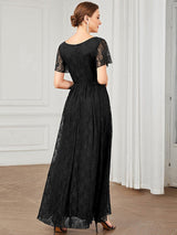 ever ELISE|Pleated V-Neck Short Sleeve Ruffled Lace Wedding Guest Dress