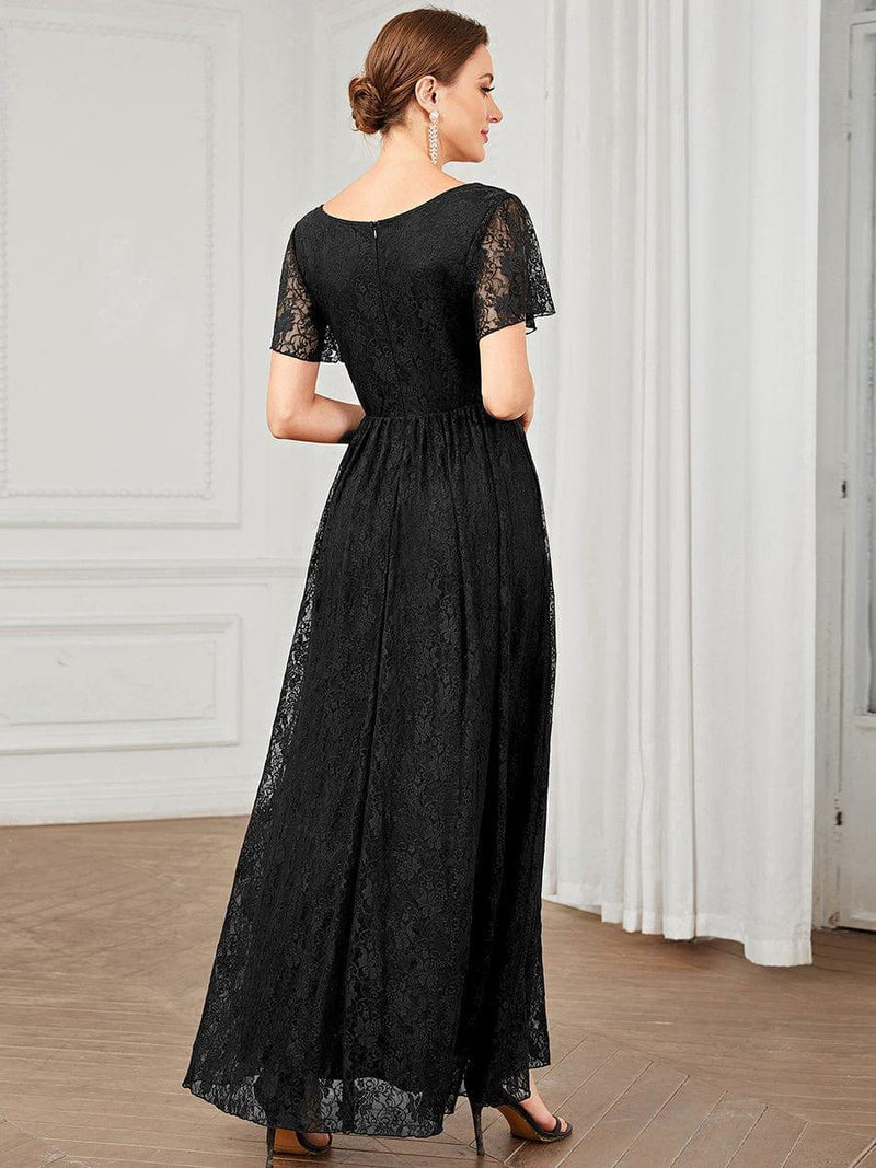 ever ELISE|Pleated V-Neck Short Sleeve Ruffled Lace Wedding Guest Dress