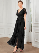 ever ELISE|Pleated V-Neck Short Sleeve Ruffled Lace Wedding Guest Dress
