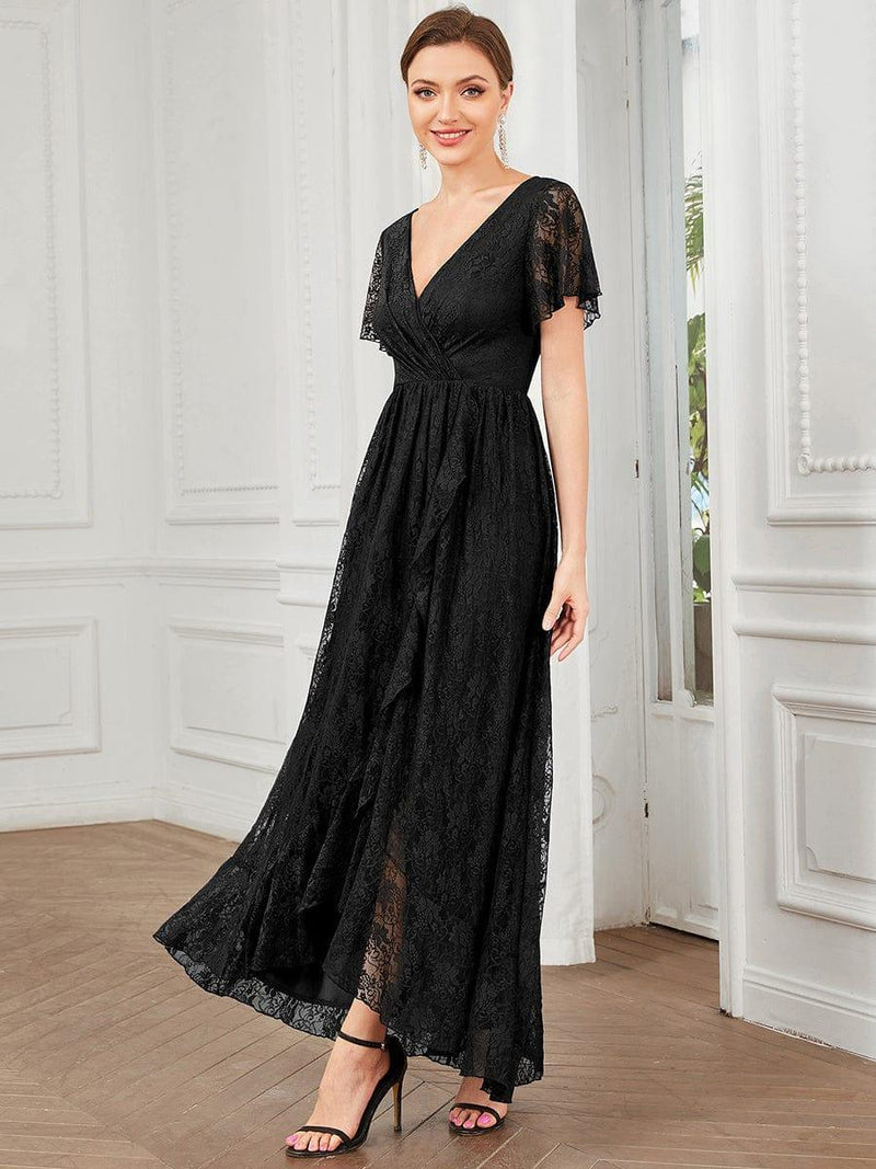 ever ELISE|Pleated V-Neck Short Sleeve Ruffled Lace Wedding Guest Dress
