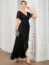 ever ELISE|Pleated V-Neck Lace Formal Evening Dress