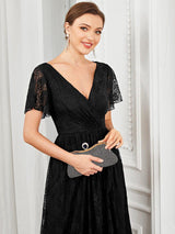 ever ELISE|Pleated V-Neck Short Sleeve Ruffled Lace Wedding Guest Dress