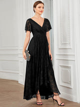 ever ELISE|Pleated V-Neck Short Sleeve Ruffled Lace Wedding Guest Dress