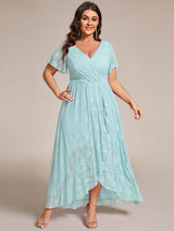 ever ELISE|Pleated V-Neck Short Sleeve Ruffled Lace Wedding Guest Dress
