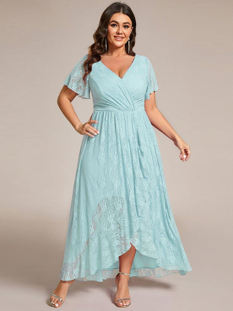 ever ELISE|Pleated V-Neck Short Sleeve Ruffled Lace Wedding Guest Dress