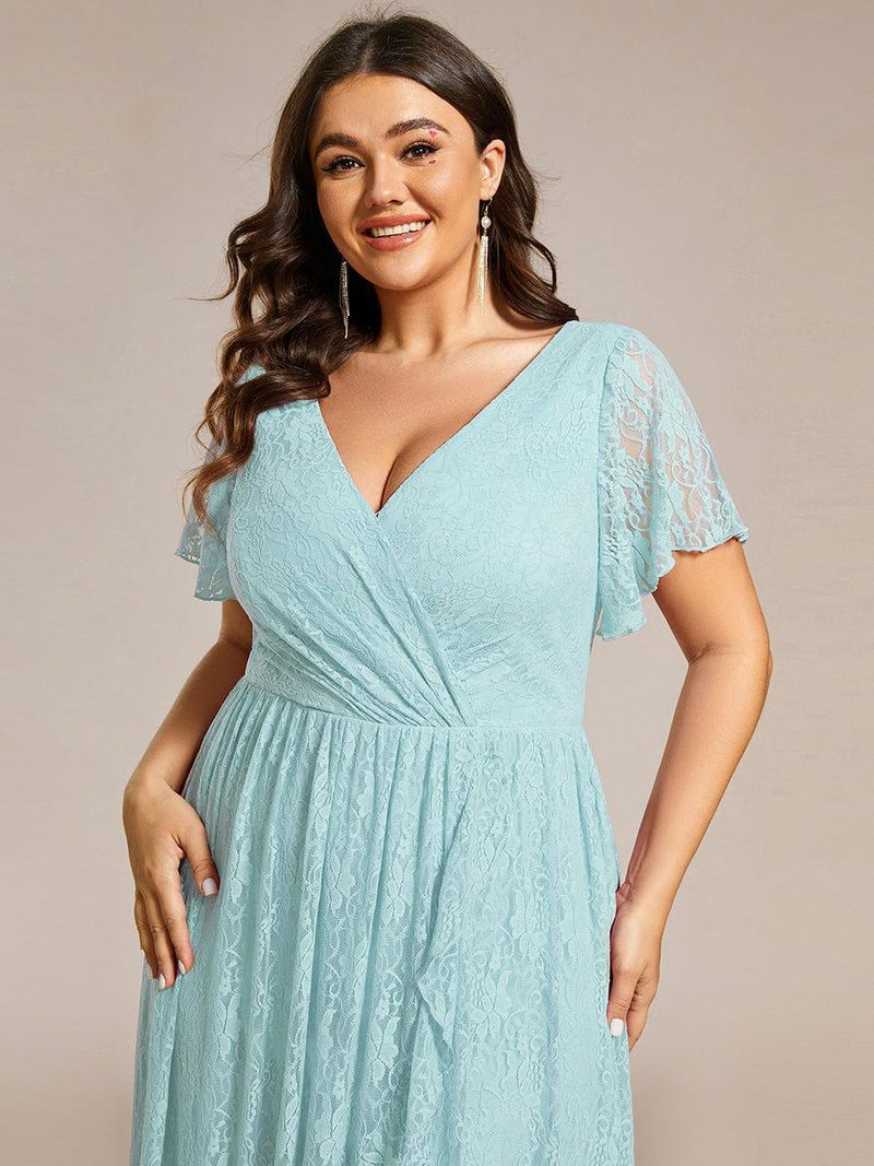 ever ELISE|Pleated V-Neck Short Sleeve Ruffled Lace Wedding Guest Dress