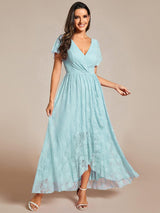 ever ELISE|Pleated V-Neck Short Sleeve Ruffled Lace Wedding Guest Dress