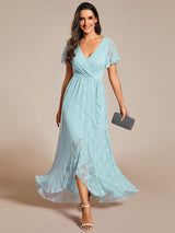 ever ELISE|Pleated V-Neck Short Sleeve Ruffled Lace Wedding Guest Dress