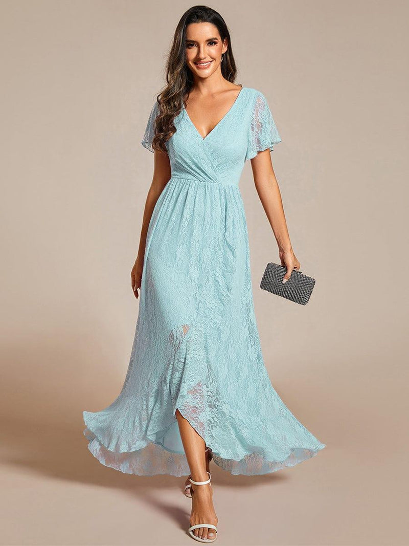 ever ELISE|Pleated V-Neck Short Sleeve Ruffled Lace Wedding Guest Dress
