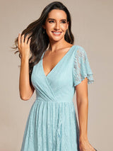 ever ELISE|Pleated V-Neck Short Sleeve Ruffled Lace Wedding Guest Dress