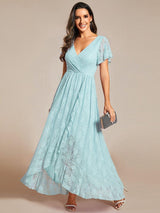 ever ELISE|Pleated V-Neck Short Sleeve Ruffled Lace Wedding Guest Dress