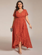 ever ELISE|Pleated V-Neck Short Sleeve Ruffled Lace Wedding Guest Dress
