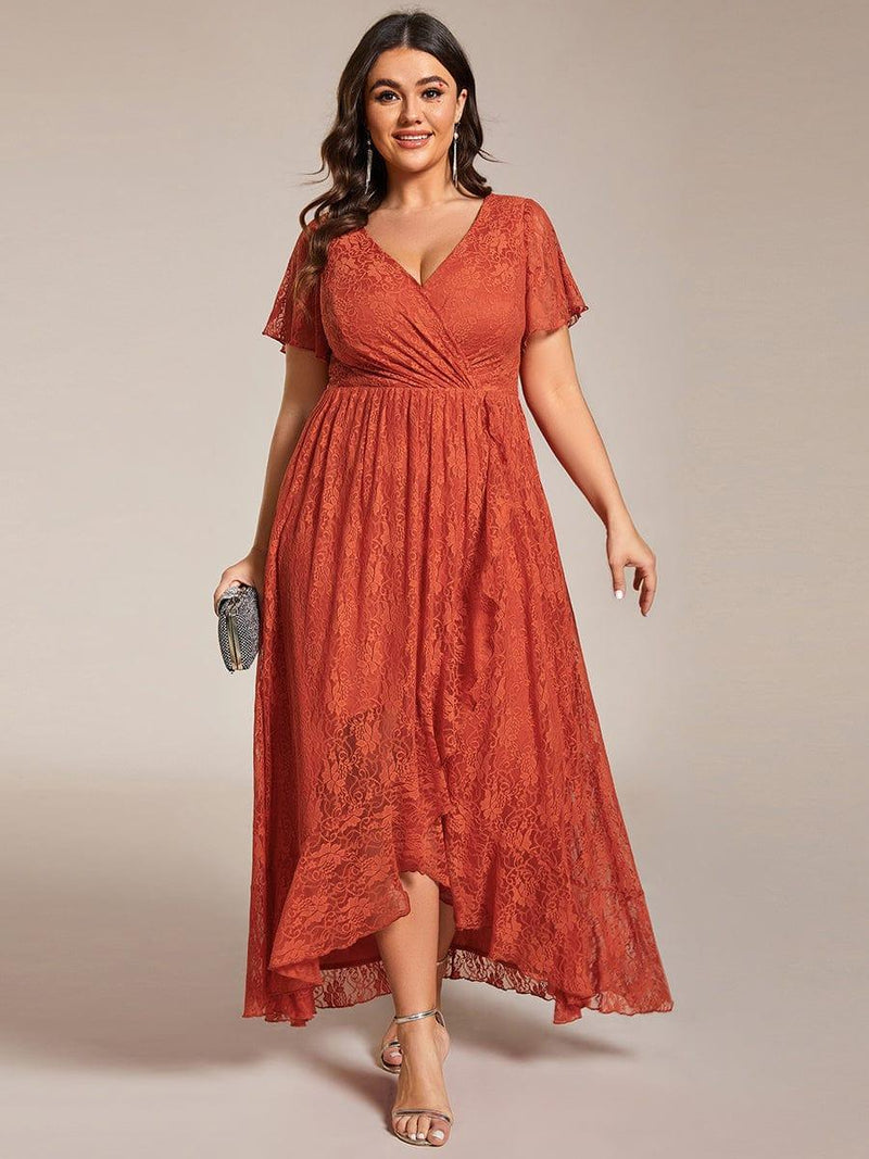 ever ELISE|Pleated V-Neck Short Sleeve Ruffled Lace Wedding Guest Dress
