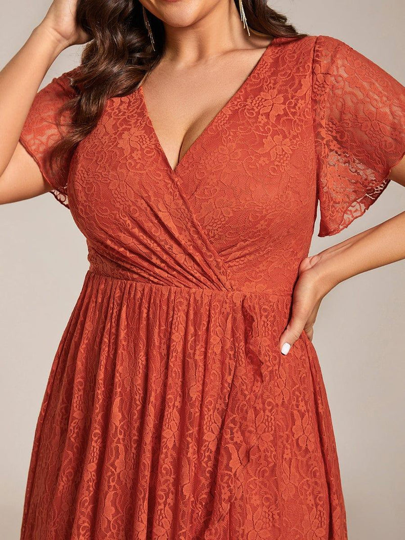 ever ELISE|Pleated V-Neck Short Sleeve Ruffled Lace Wedding Guest Dress