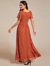 ever ELISE|Pleated V-Neck Short Sleeve Ruffled Lace Wedding Guest Dress