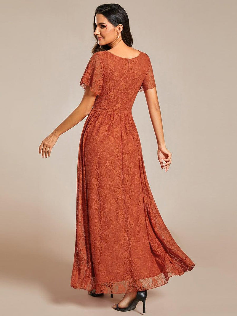 ever ELISE|Pleated V-Neck Short Sleeve Ruffled Lace Wedding Guest Dress