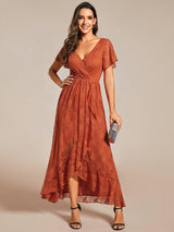 ever ELISE|Pleated V-Neck Short Sleeve Ruffled Lace Wedding Guest Dress