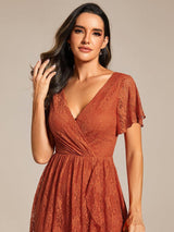 ever ELISE|Pleated V-Neck Short Sleeve Ruffled Lace Wedding Guest Dress